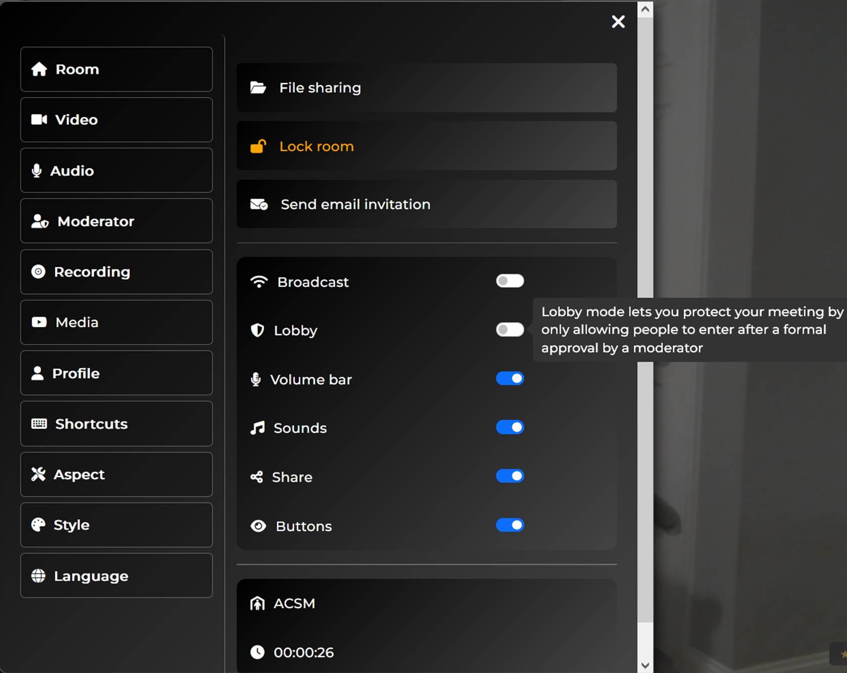 Moderator options “Lock room” and “Lobby”